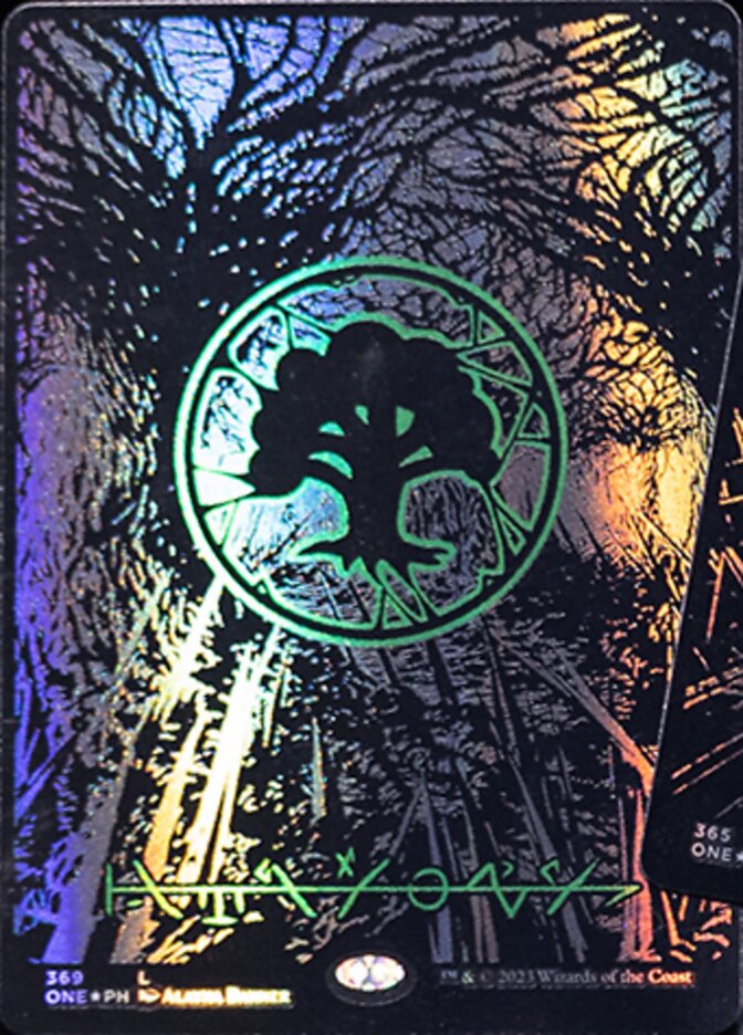 Forest (369) (Oil Slick Raised Foil) [Phyrexia: All Will Be One]